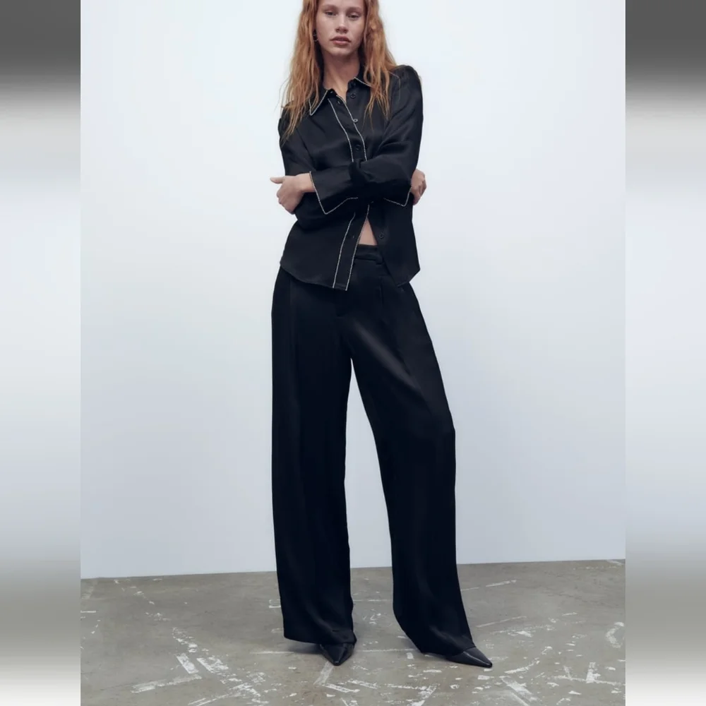 Zara Black Satin Effect Wide Rhinestone Pants Size XS